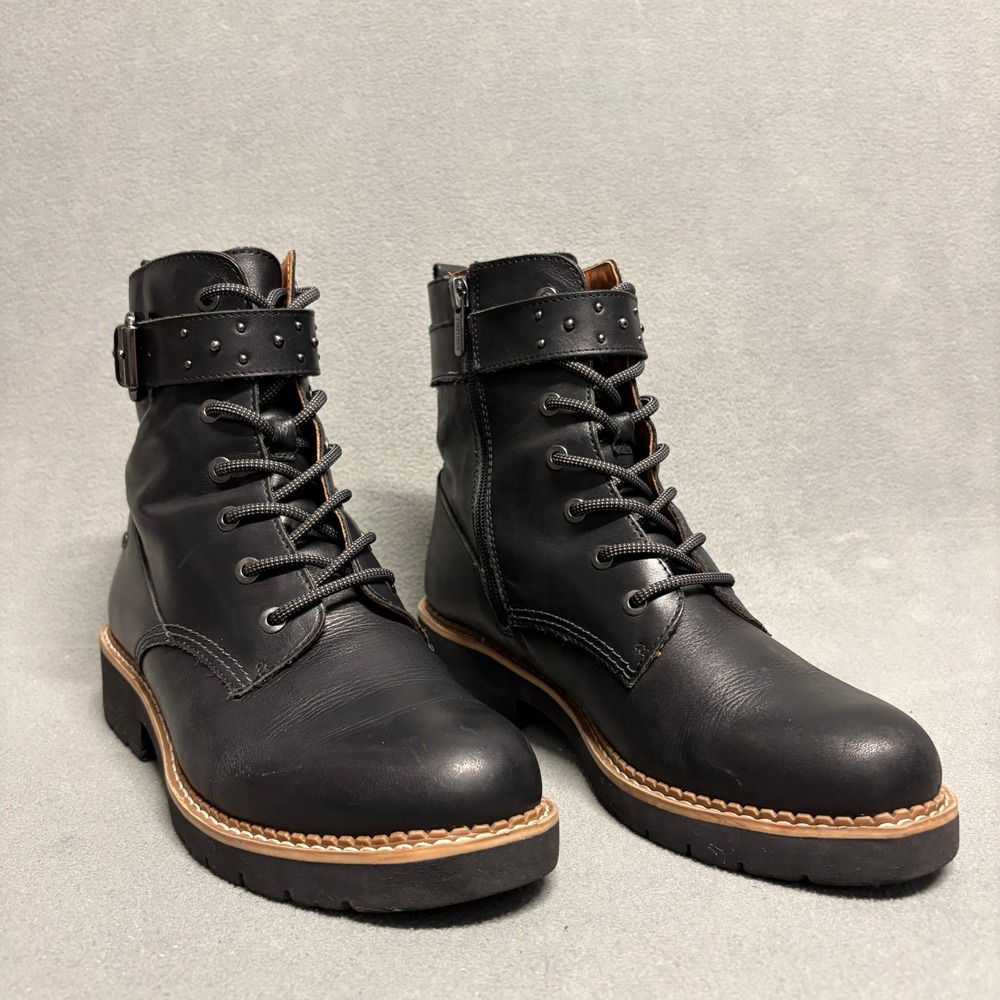 Pikolinos Vicar Leather Combat Boots 38 Black‎ Studded Buckle Ankle Womens - Picture 2 of 15